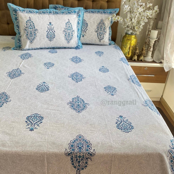 Blue Paisley Jaipuri Cotton Bedsheet King Size For Double Bed - Bedsheet