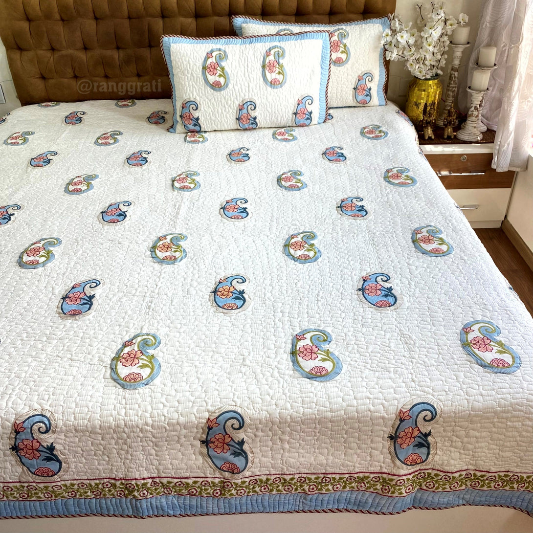 Blue Paisley Pink Floral Quilted Bed Cover Mulmul Voile Reversible King Size - Bedcover
