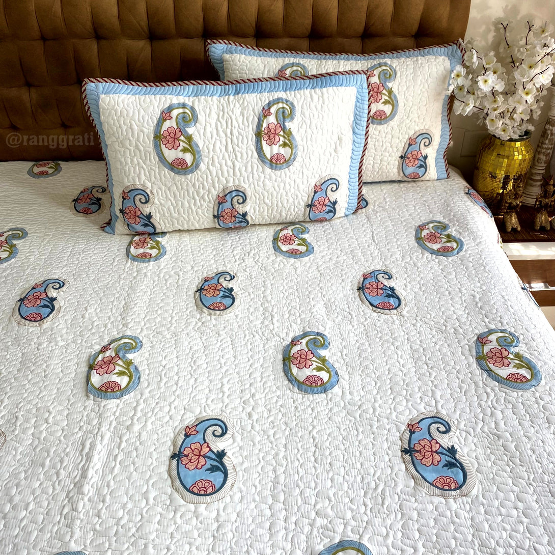 Blue Paisley Pink Floral Quilted Bedcover In Mulmul Voile Reversible King Size