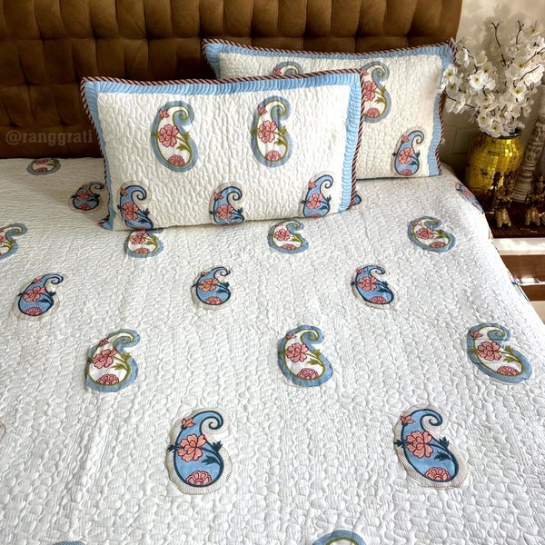 Blue Paisley Pink Floral Quilted Bedcover In Mulmul Voile Reversible King Size