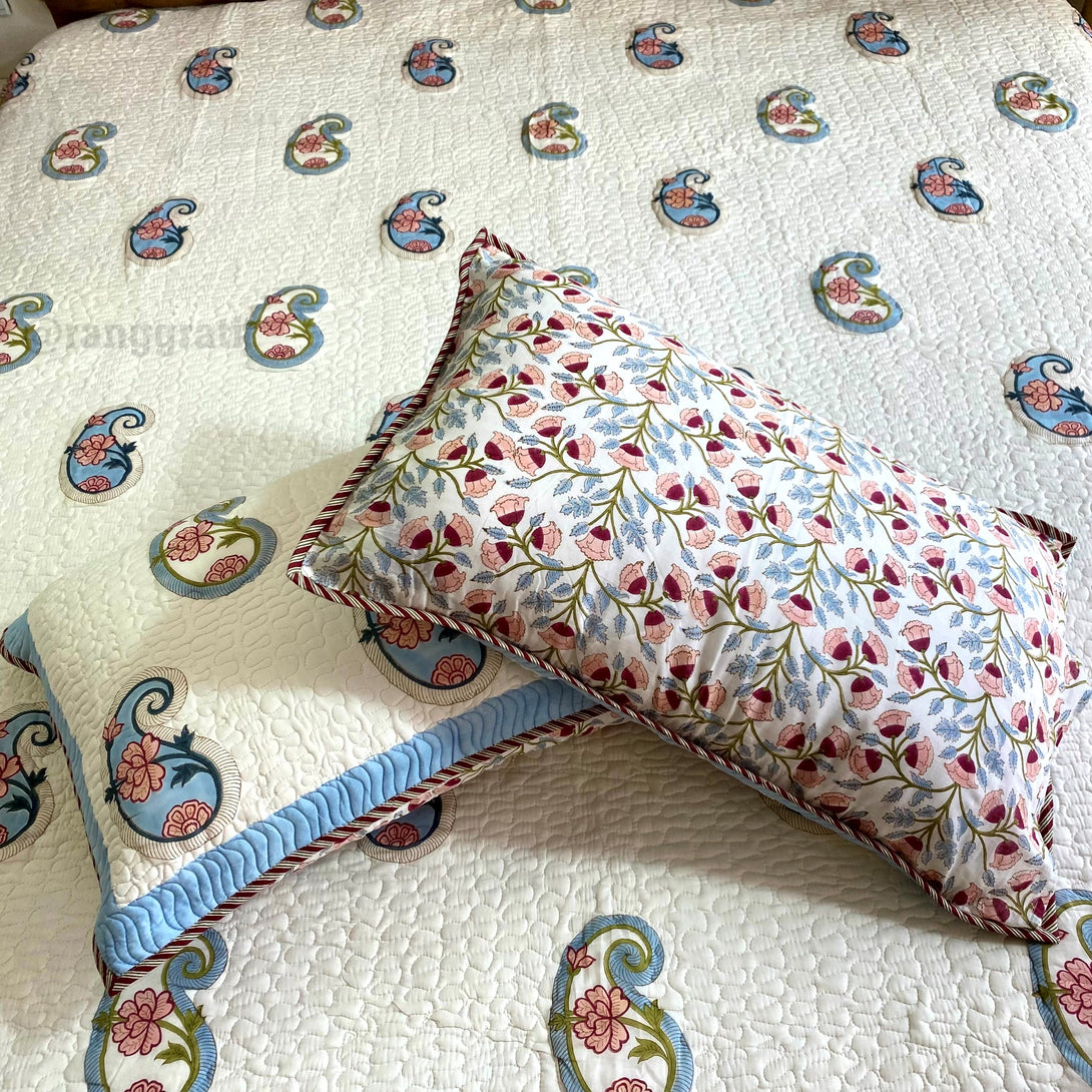 Cotton Blue Paisley Pink Floral Quilted Bedcover In Mulmul Voile Reversible King Size