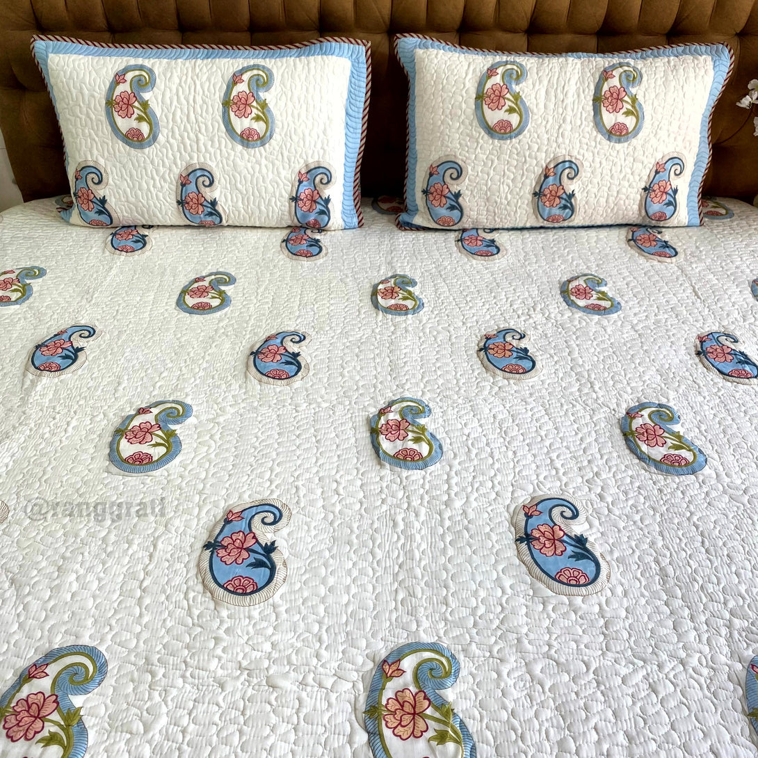 Blue Paisley Pink Floral Quilted Bedcover King Size In Mulmul Voile Reversible 