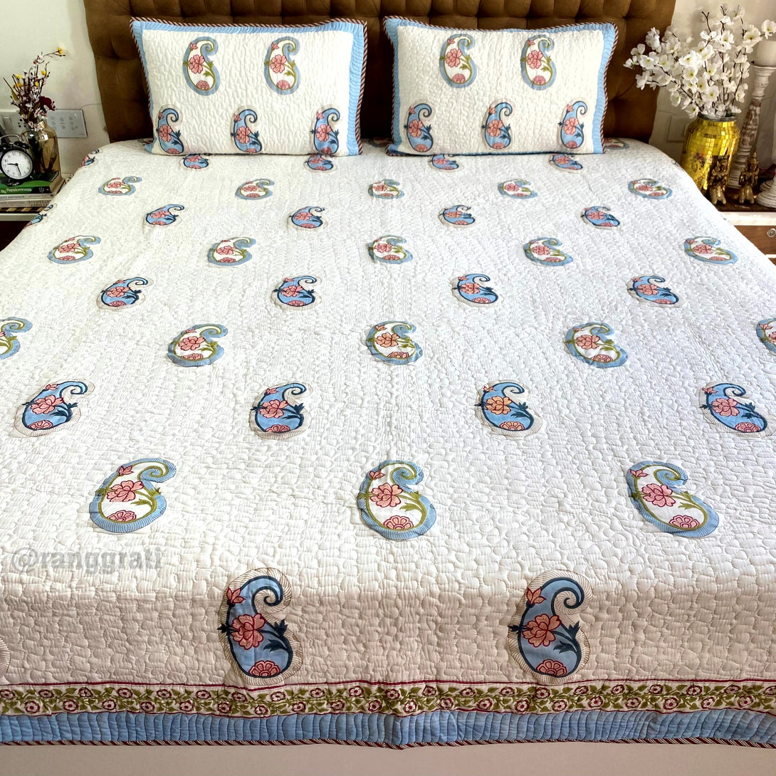 Blue Paisley Pink Floral Quilted King Size Bedcover In Mulmul Voile Reversible 