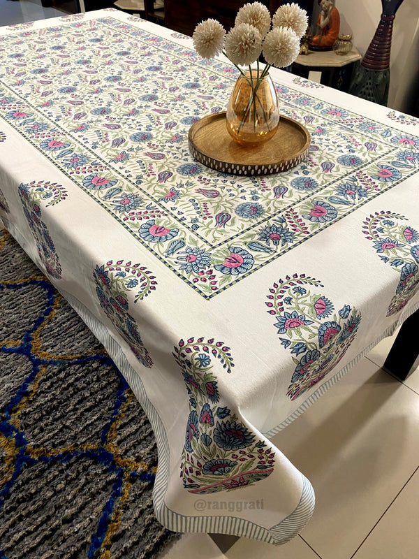 Blue Paisley Floral Table Cover Cloth 6 Seater Dining Table Rectangular