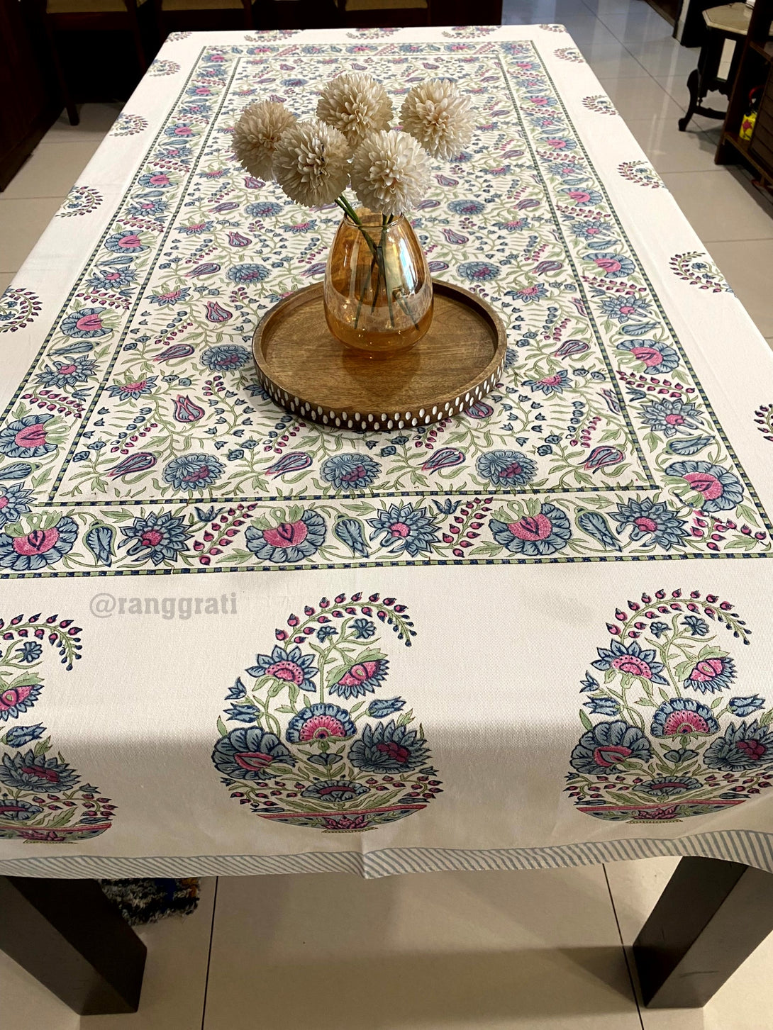 Blue Paisley Floral Table Cover Cloth 6 Seater Dining Table Rectangular Canvas Cotton.
