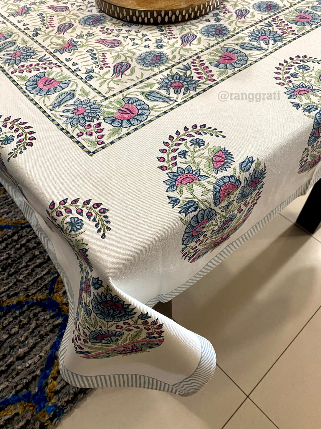 Canvas cotton Blue Paisley Floral Table Cover Cloth 6 Seater Dining Table Rectangular.