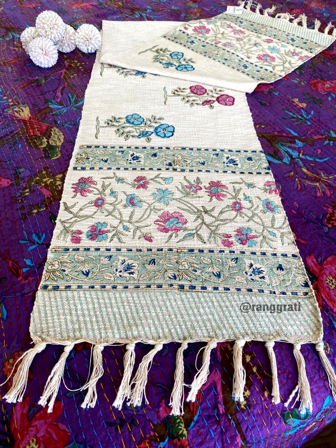 Blue Pansy Floral Jute Cotton Table Runner For 6 Seater 
