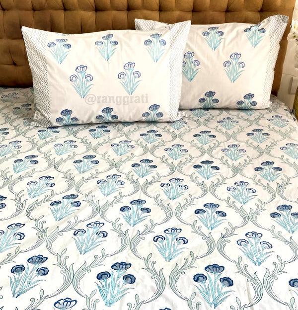 Blue Pansy King Size 250 TC Bedsheet Hand Block - Bedsheet
