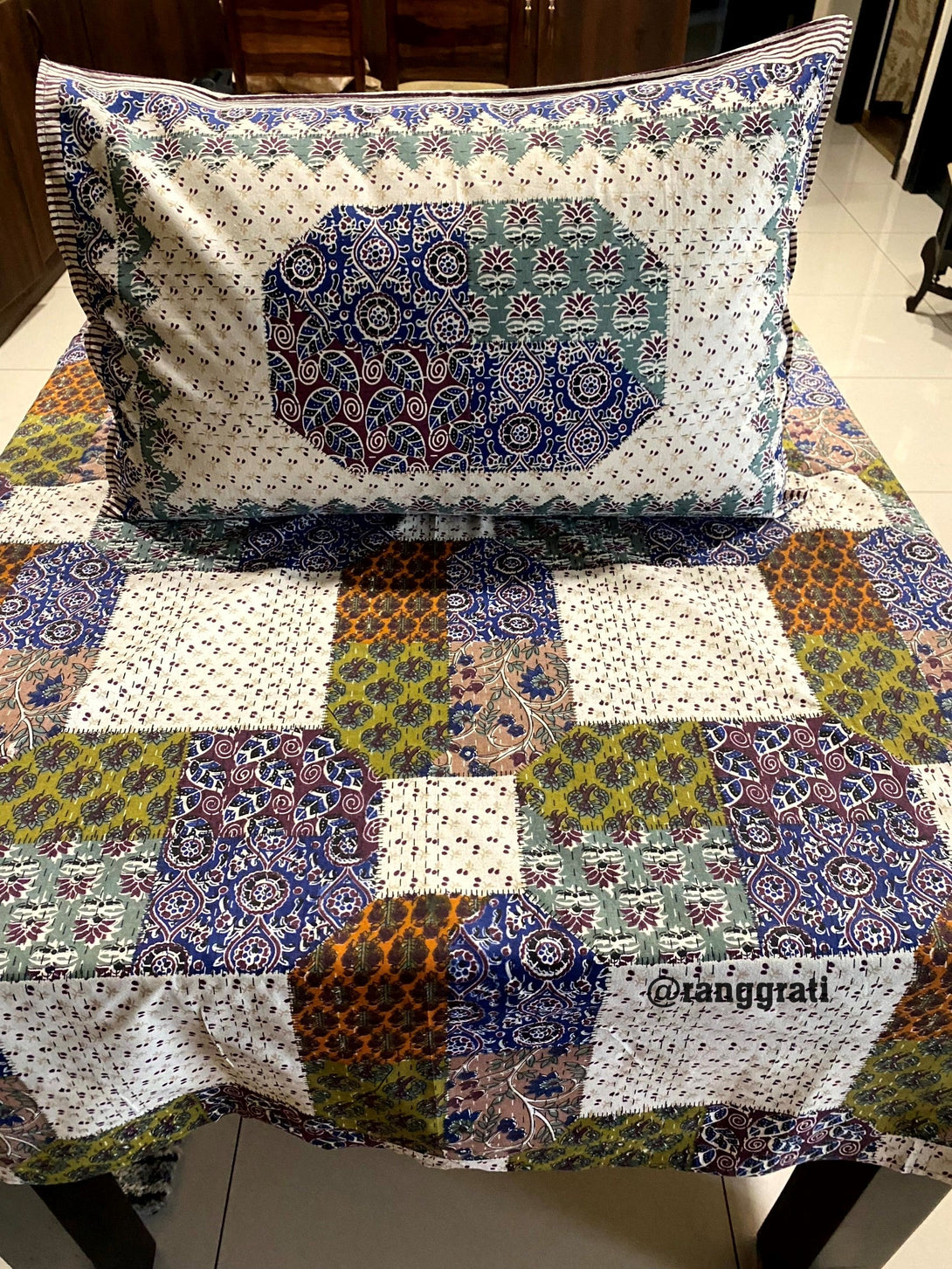 Blue Patchwork Jaipuri Cotton Bedsheet For Single Bed With Pillow - Bedsheet
