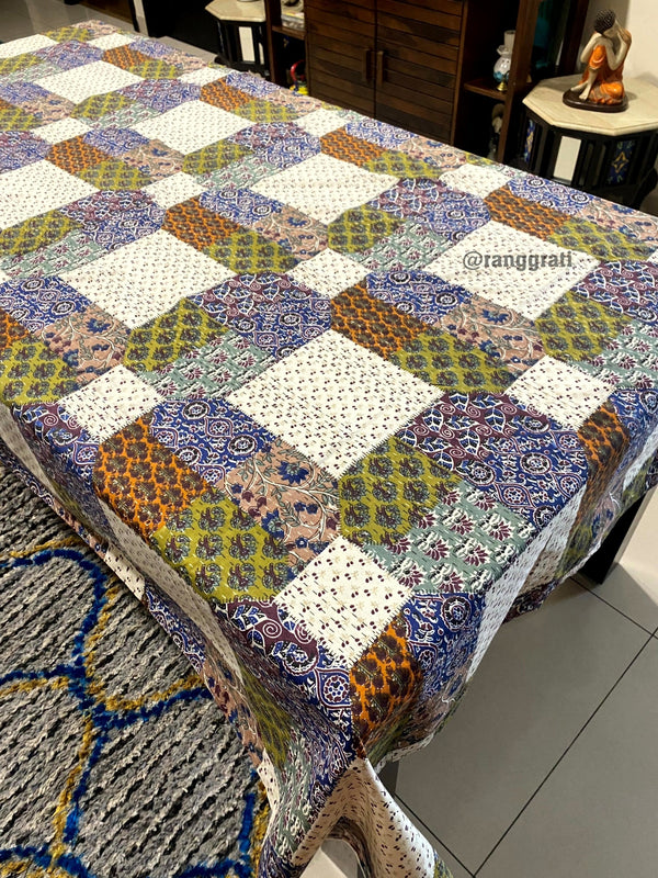 Blue Patchwork Jaipuri Cotton Bedsheet For Single Bed With Pillow - Bedsheet