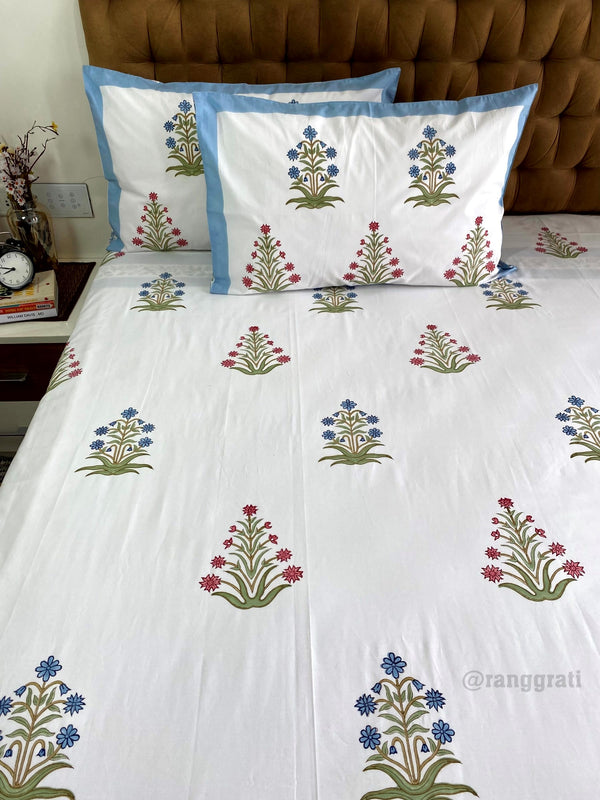 Blue Peach Floral Super King Size 250 TC Bedsheet Cotton Hand Block