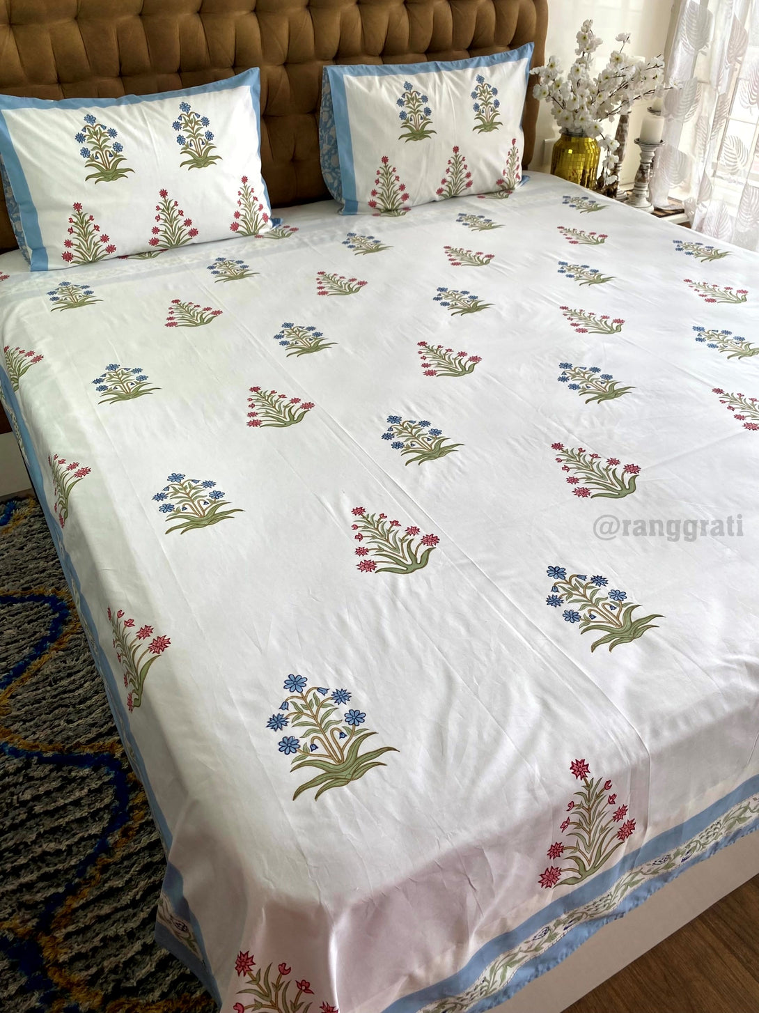 250 TC Blue Peach Floral Super King Size Bedsheet Cotton Hand Block