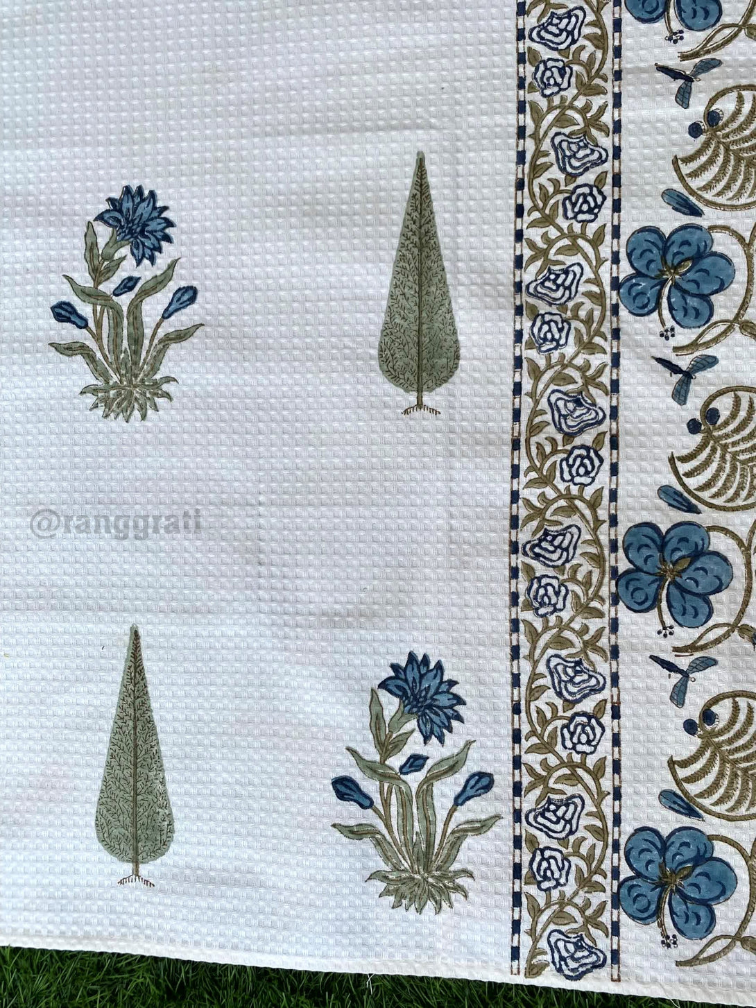 Blue Pine Floral Body Towel Hand Block Printed Pure Cotton - Body Towel
