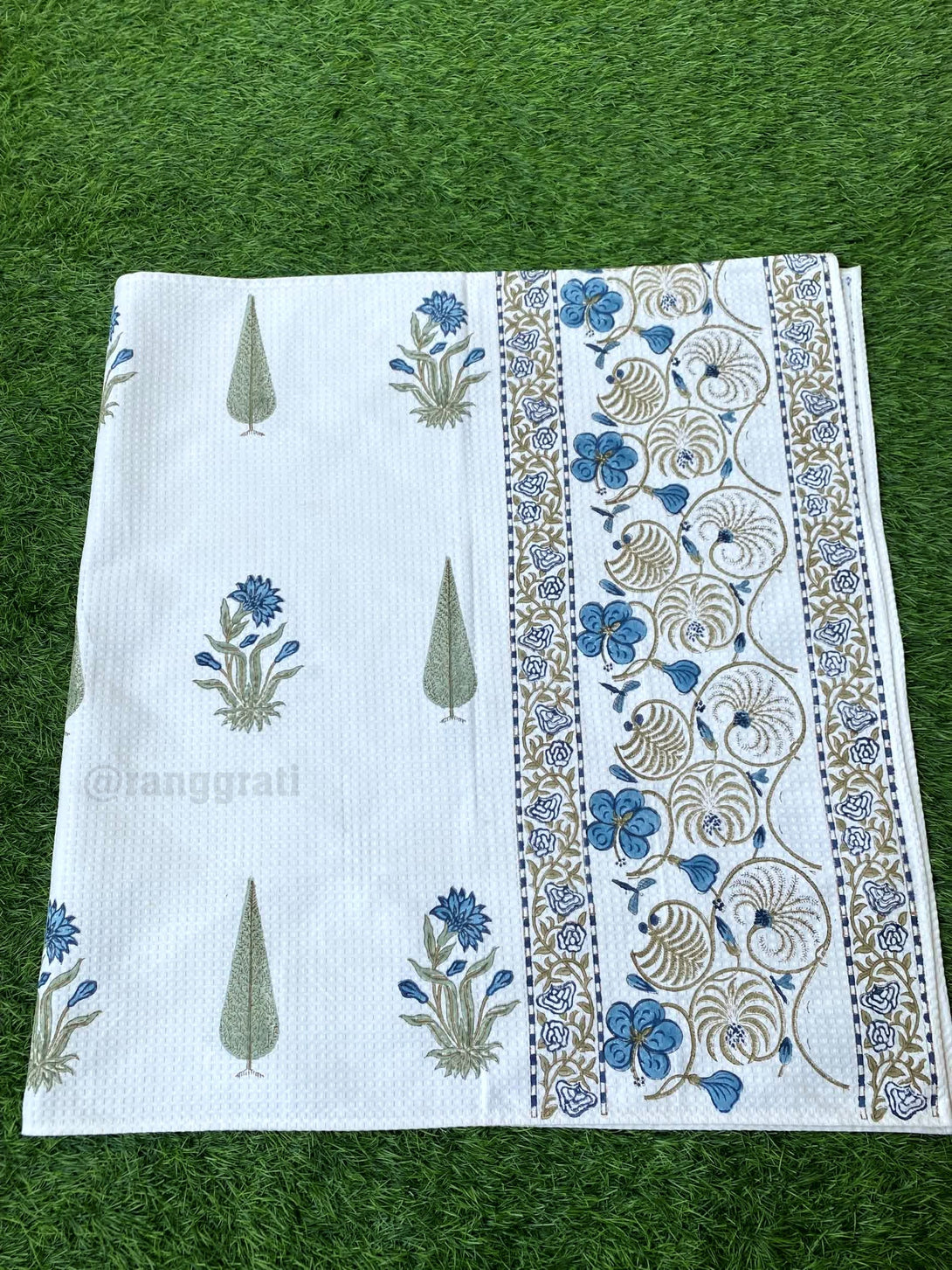 Blue Pine Floral Body Towel Hand Block Printed Pure Cotton - Body Towel
