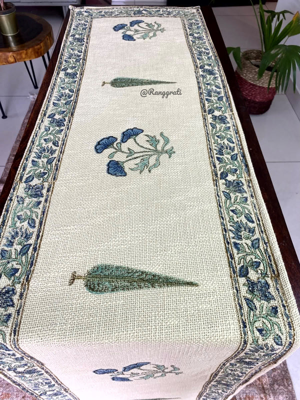 Blue Pine Floral Jute Cotton Table Runner For 6 Seater Dining Table - Table Runner