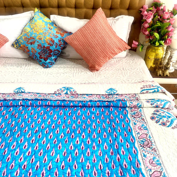 Blue Pine Quilted Bedcover In Mulmul Voile Reversible Queen Size