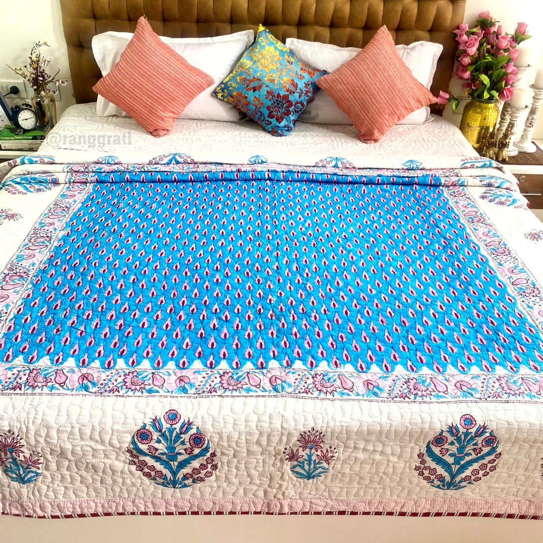 Cotton Blue Pine Quilted Bedcover In Mulmul Voile Reversible Queen Size