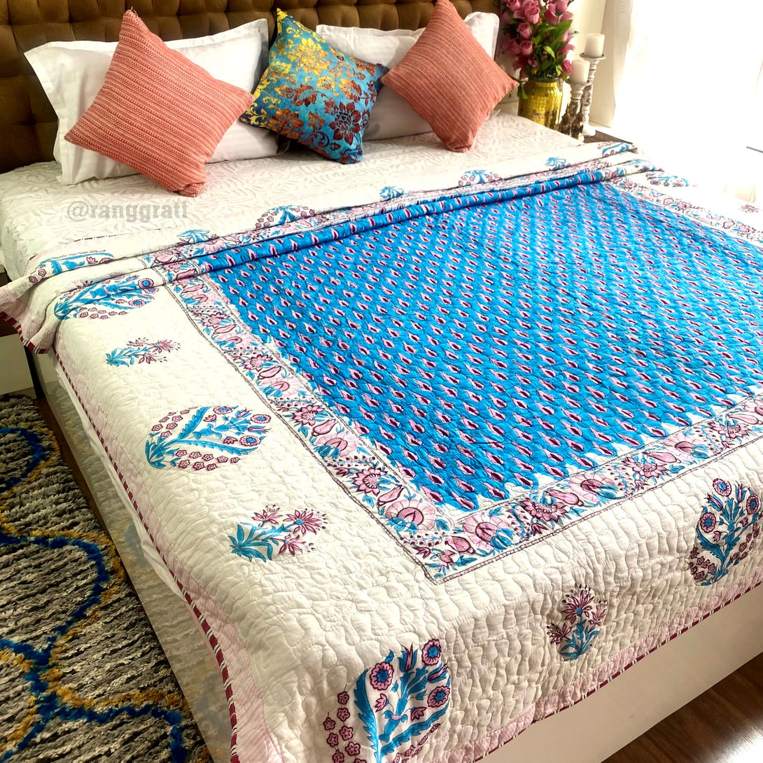 Queen Size Blue Pine Quilted Bedcover In Mulmul Voile Reversible 