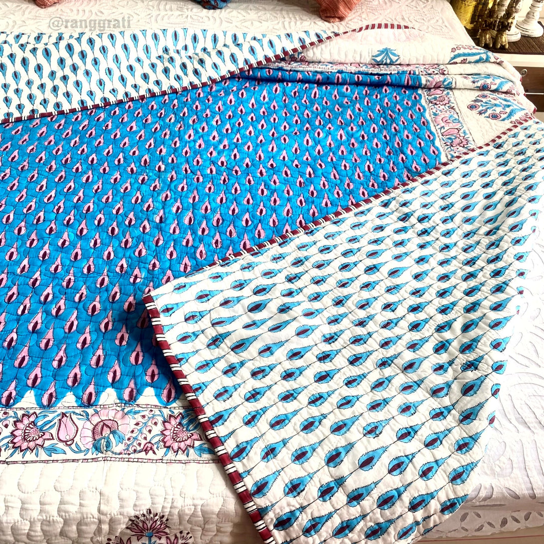 Queen Size Cotton Blue Pine Quilted Bedcover In Mulmul Voile Reversible g 