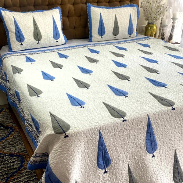 Blue Pine Tree Hand Block King Size Quilted Bedcover - Bedcover