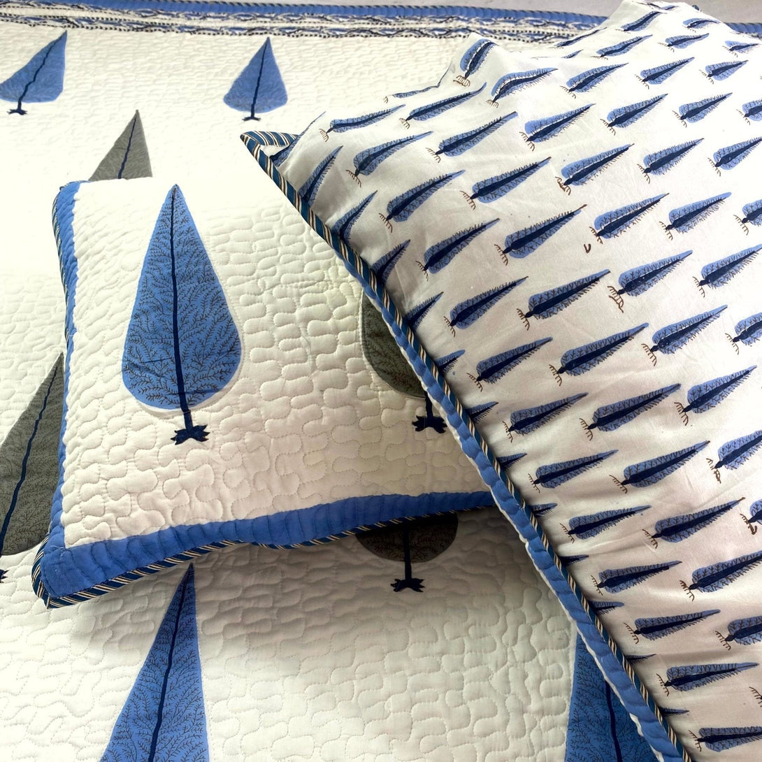 Blue Pine Tree Hand Block King Size Quilted Bedcover - Bedcover