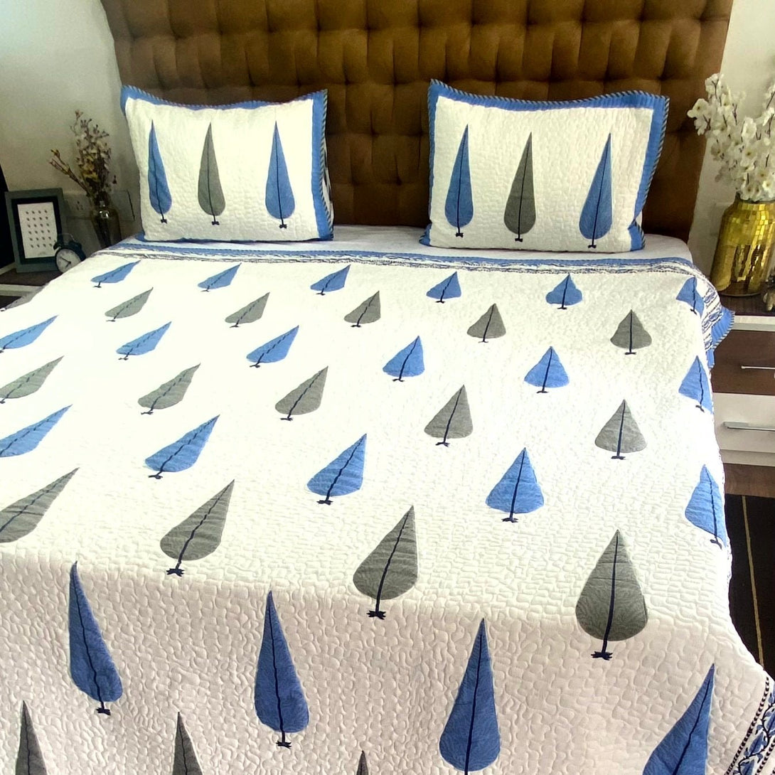 Blue Pine Tree Hand Block King Size Quilted Bedcover - Bedcover