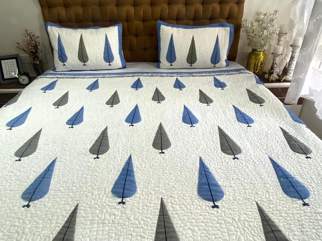 Blue Pine Tree Hand Block King Size Quilted Bedcover - Bedcover