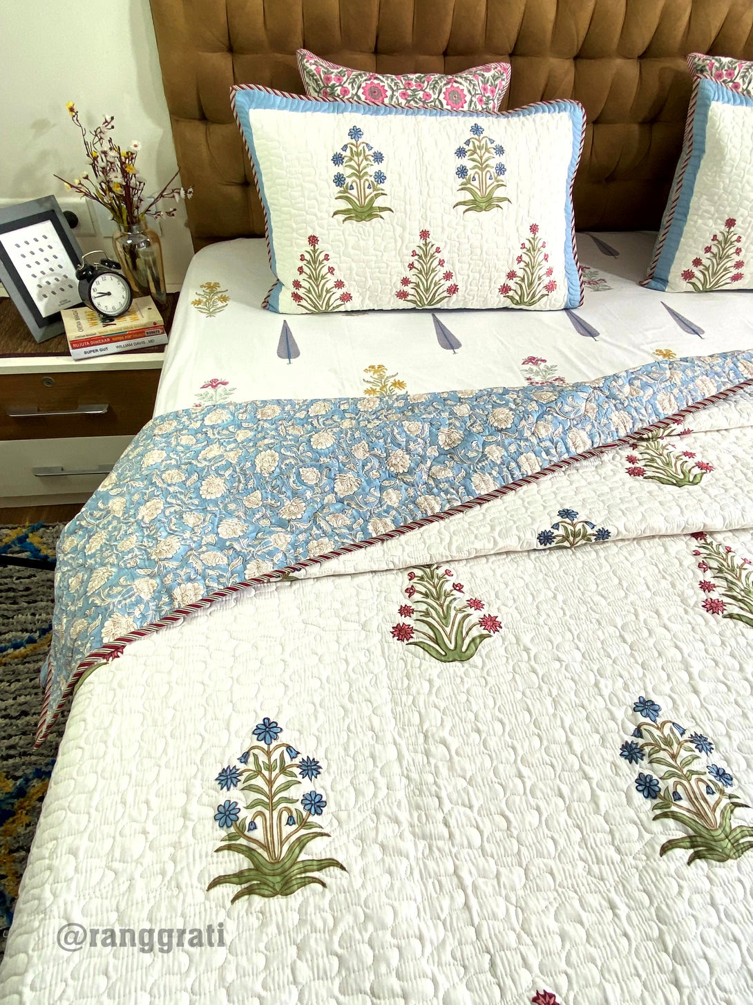 Blue-Pink Floral Mulmul Voile Quilted Bedcover King Size Reversible