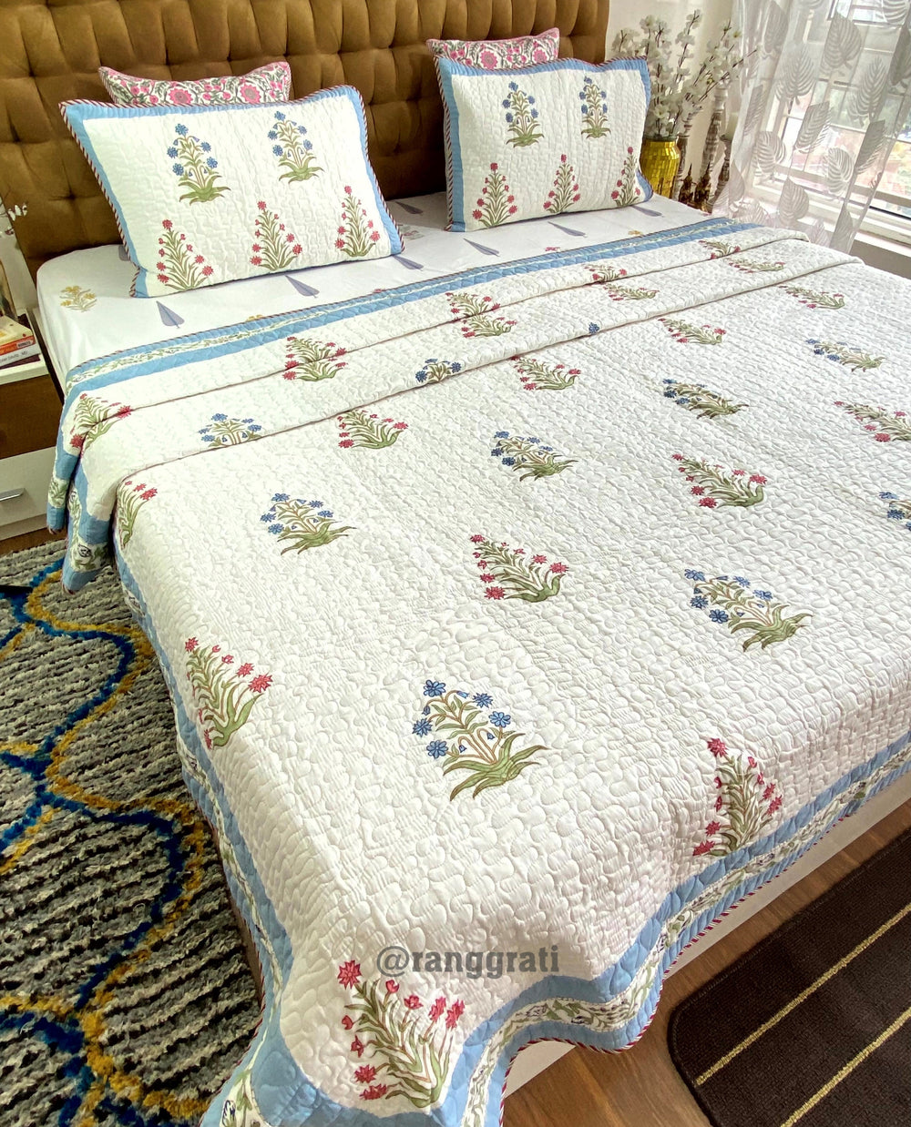 King Size Blue-Pink Floral Mulmul Voile Quilted Bedcover 