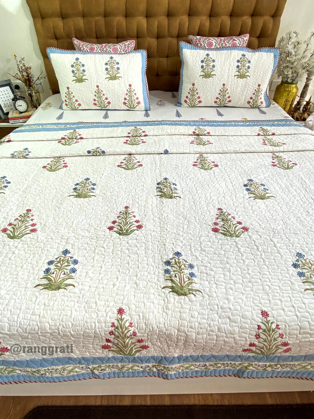 Blue-Pink Floral Mulmul Voile Quilted King Size Bedcover 