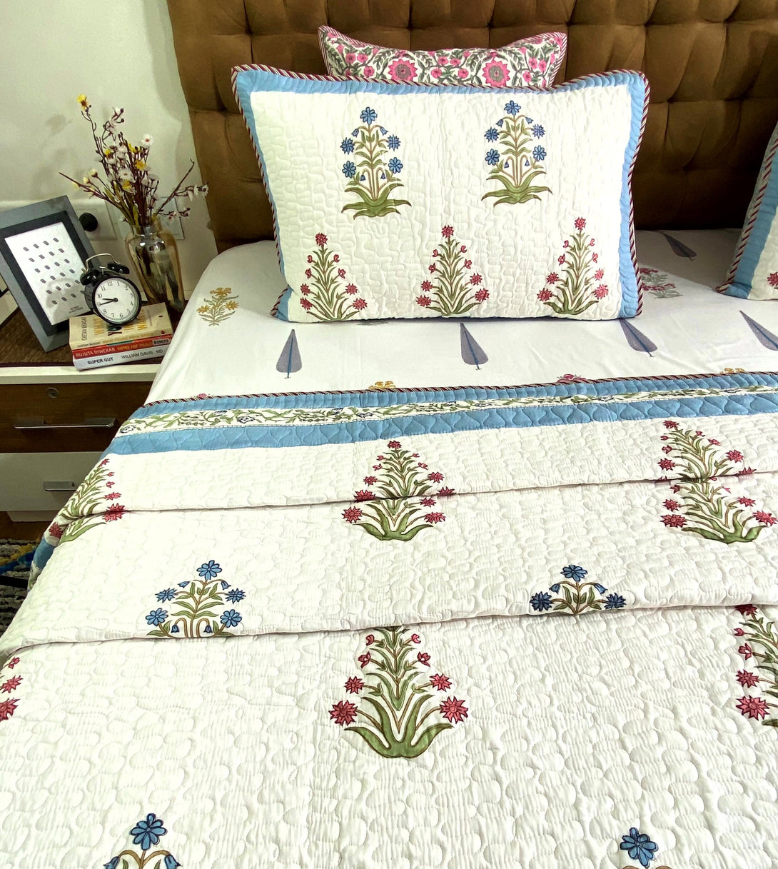 Blue-Pink Floral Mulmul Voile Quilted Bedcover King Size