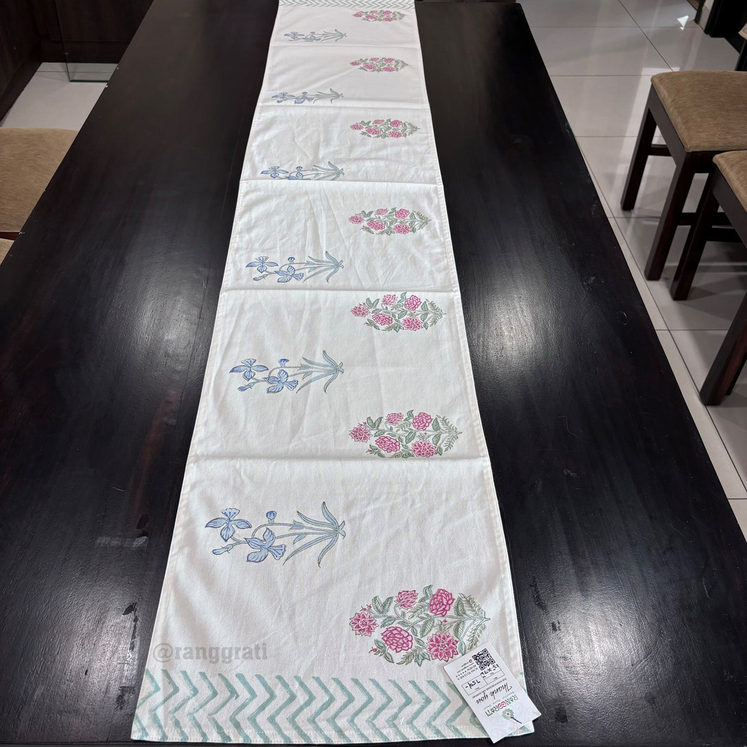 Blue Pink Floral Block Print Cotton Table Runner 6 Seater Dining Table - Table Runner