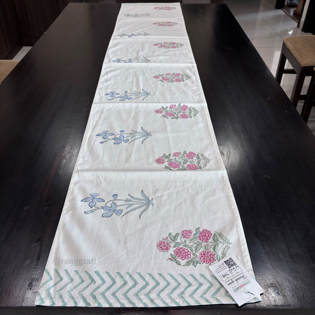 Blue Pink Floral Block Print Cotton Table Runner 6 Seater Dining Table - Table Runner