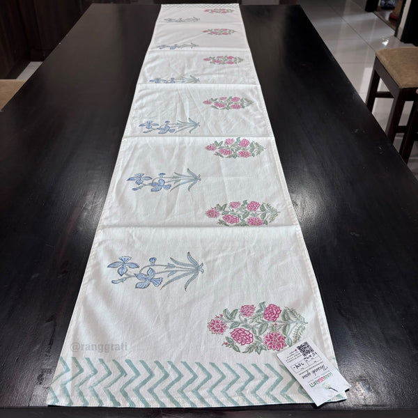 Blue Pink Floral Block Print Cotton Table Runner 6 Seater Dining Table - Table Runner