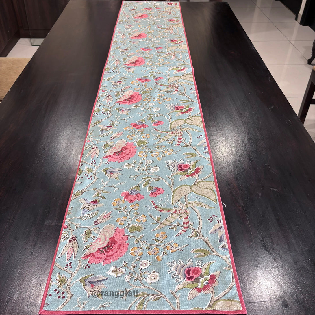 Blue Pink Floral Canvas Cotton Table Runner 6 Seater Dining Table - Table Runner