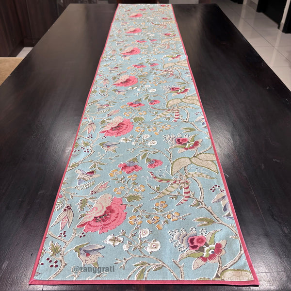 Blue Pink Floral Canvas Cotton Table Runner 6 Seater Dining Table - Table Runner