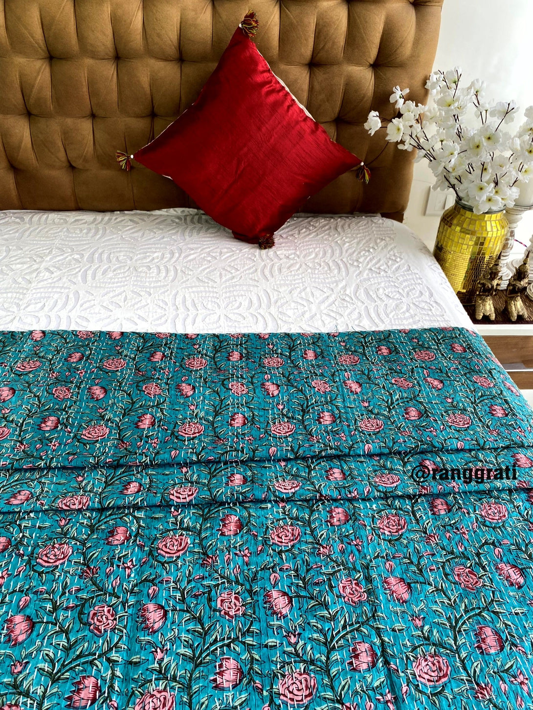 Blue Pink Floral Kantha Bedcover For Double Bed King Size - Bedcover