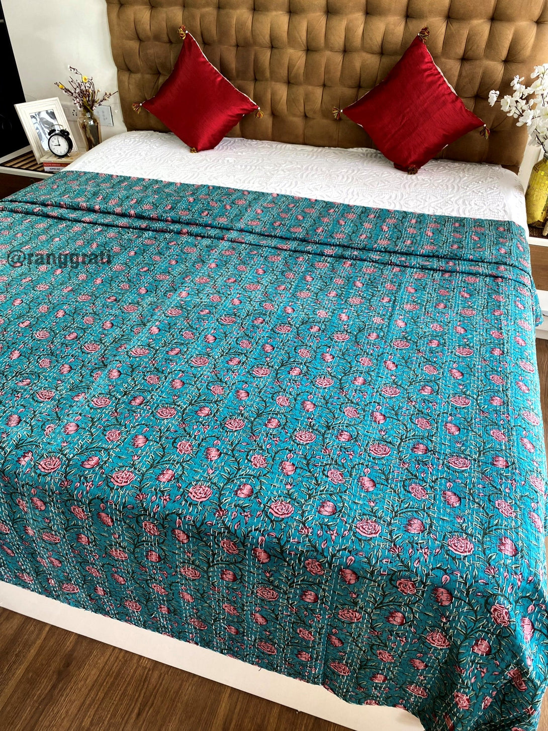 Blue Pink Floral Kantha Bedcover For Double Bed King Size - Bedcover