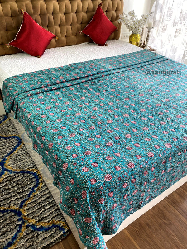 Blue Pink Floral Kantha Bedcover For Double Bed King Size - Bedcover