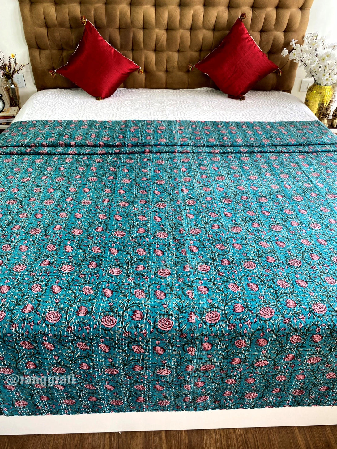 Blue Pink Floral Kantha Bedcover For Double Bed King Size - Bedcover