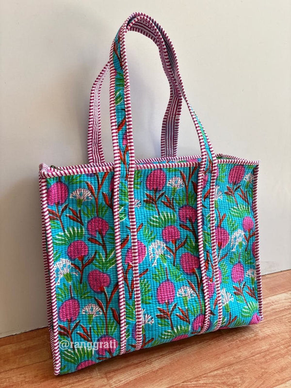 Blue Pink Floral Tote Bag quilted Hand Block Printed Cotton with Zip Online - Tote Bag