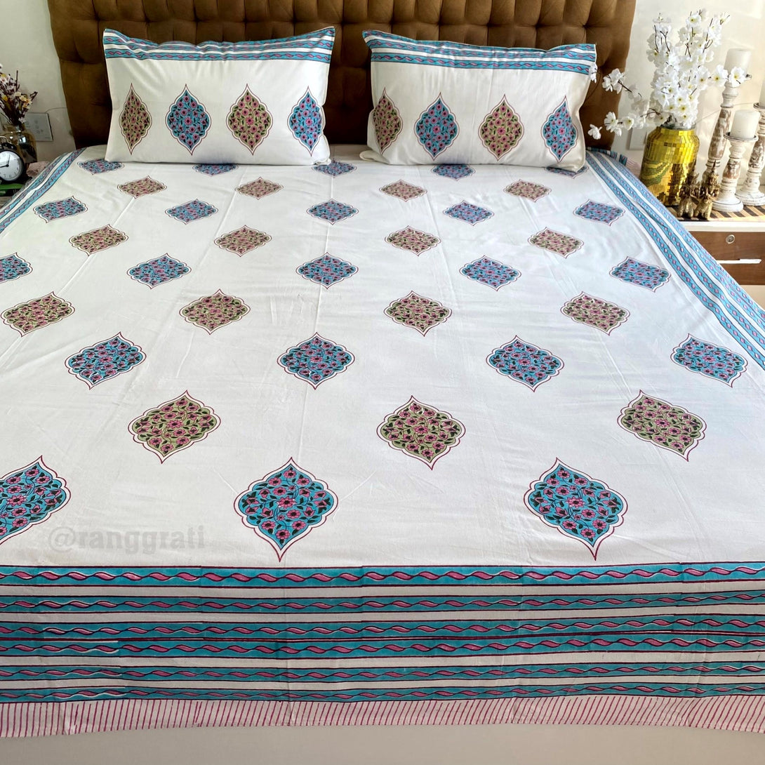 Blue Pink Geometric Jaipuri Cotton Bedsheet King Size For Double Bed - Bedsheet