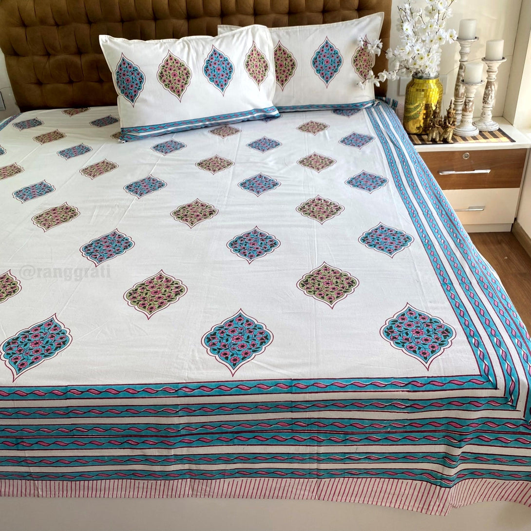 Blue Pink Geometric Jaipuri Cotton Bedsheet King Size For Double Bed - Bedsheet