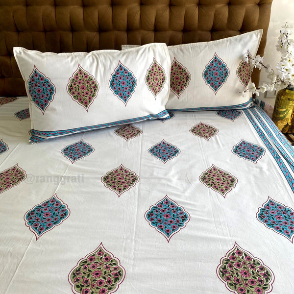 Blue Pink Geometric Jaipuri Cotton Bedsheet King Size For Double Bed - Bedsheet