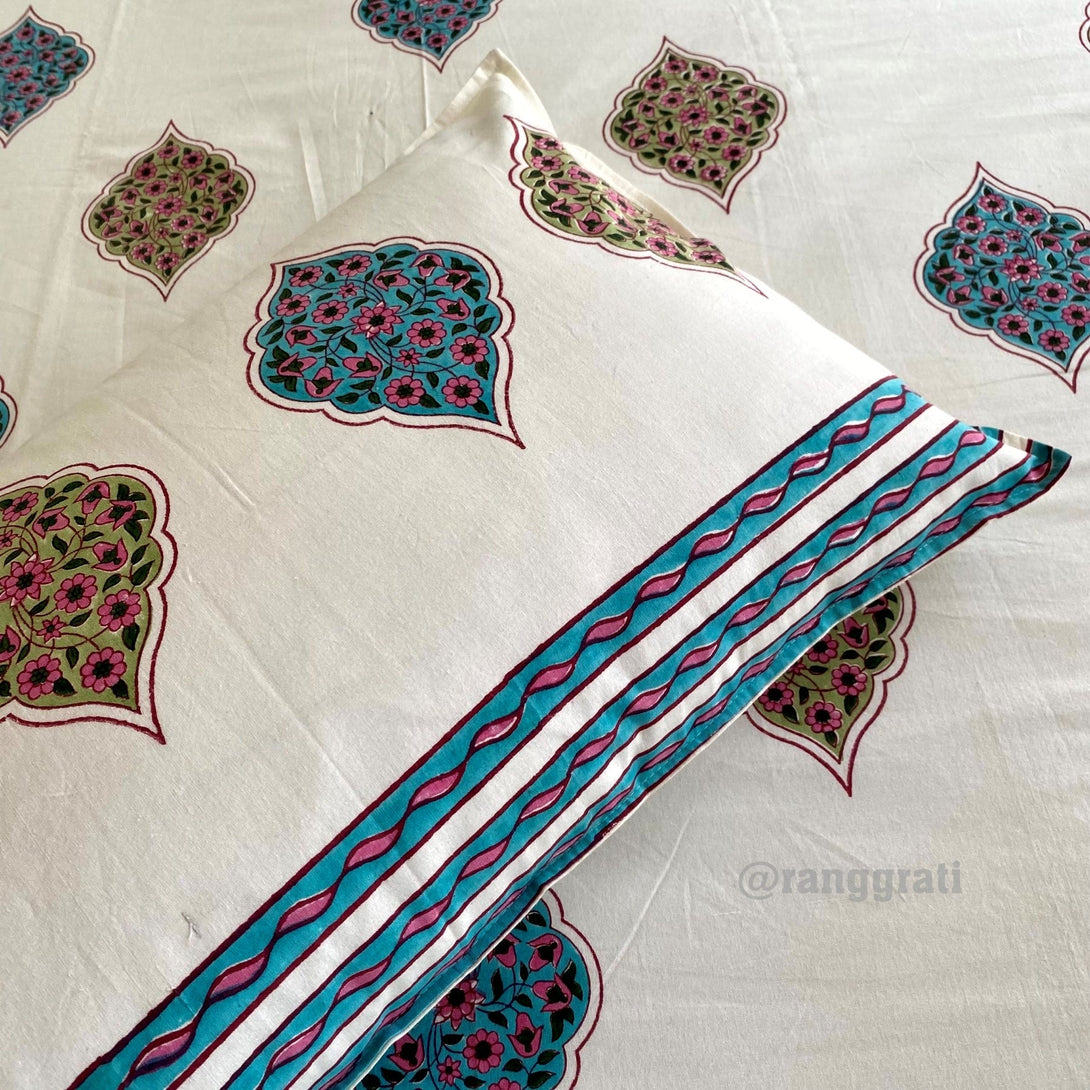 Blue Pink Geometric Jaipuri Cotton Bedsheet King Size For Double Bed - Bedsheet