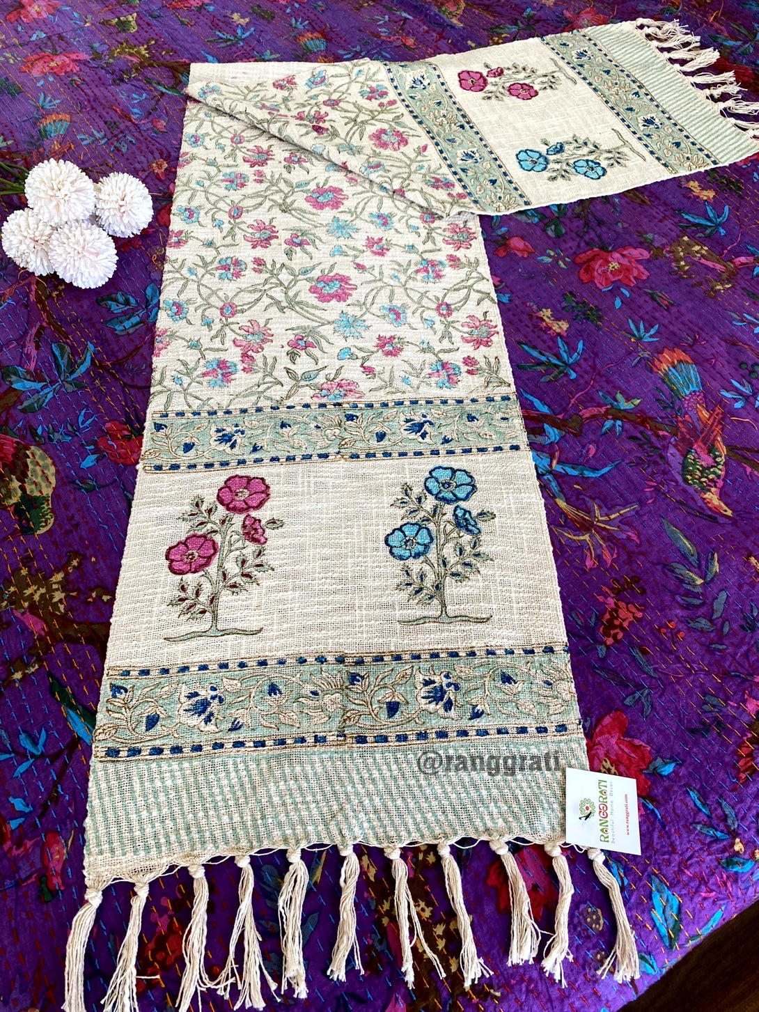 Blue Pink Jaal Floral Jute Cotton Table Runner Hand Block Print For 6 Seater Dining Table