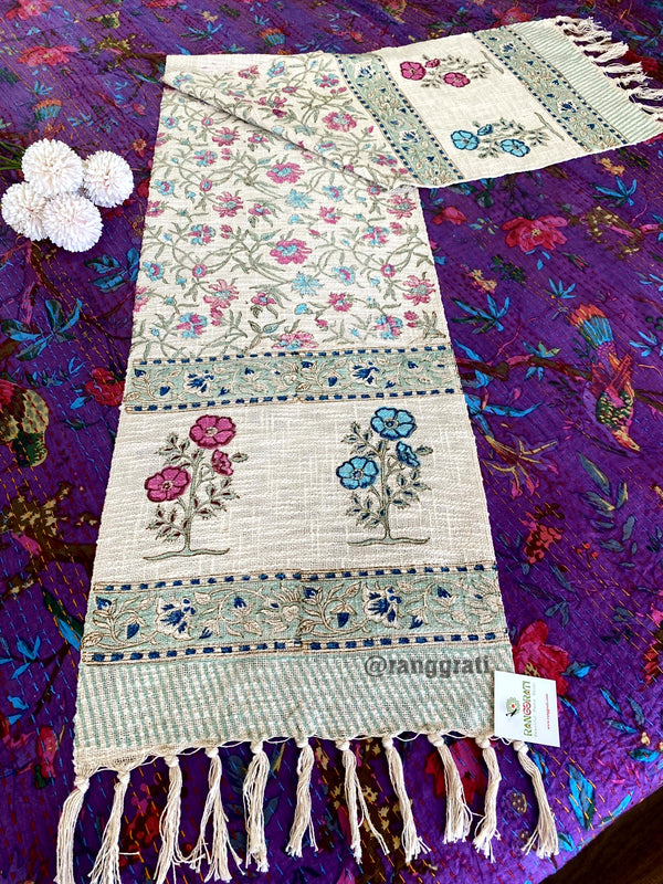 Blue Pink Jaal Floral Jute Cotton Table Runner Hand Block Print For 6 Seater Dining Table