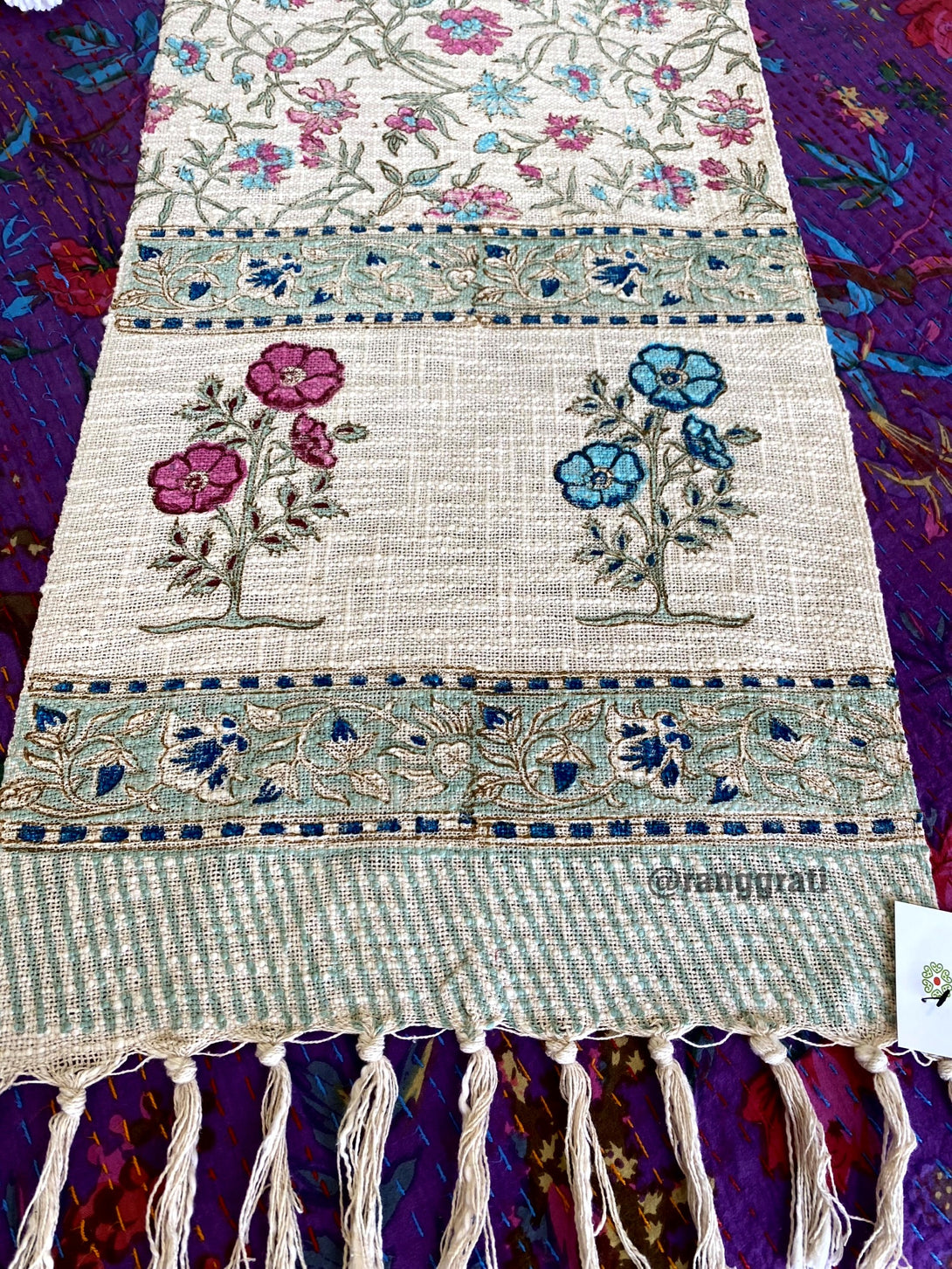 Blue Pink Jaal Floral Jute Cotton Table Runner For 6 Seater