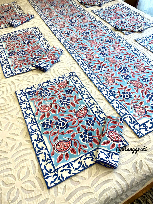 Blue Pink Paisley Table Runner With 6 Table Mats & 6 Napkins - Table Runner Set