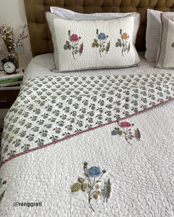 Blue Pink Roses Quilted Bedcover Super King 108 X 108